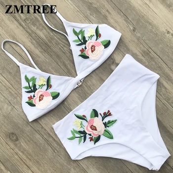 

ZMTREE High Waist Bikini Bathing Suit Floral Crochet Swimwear Women Swimsuit 2018 Embroidered Bikini Set Hollow Out Beachwear XL