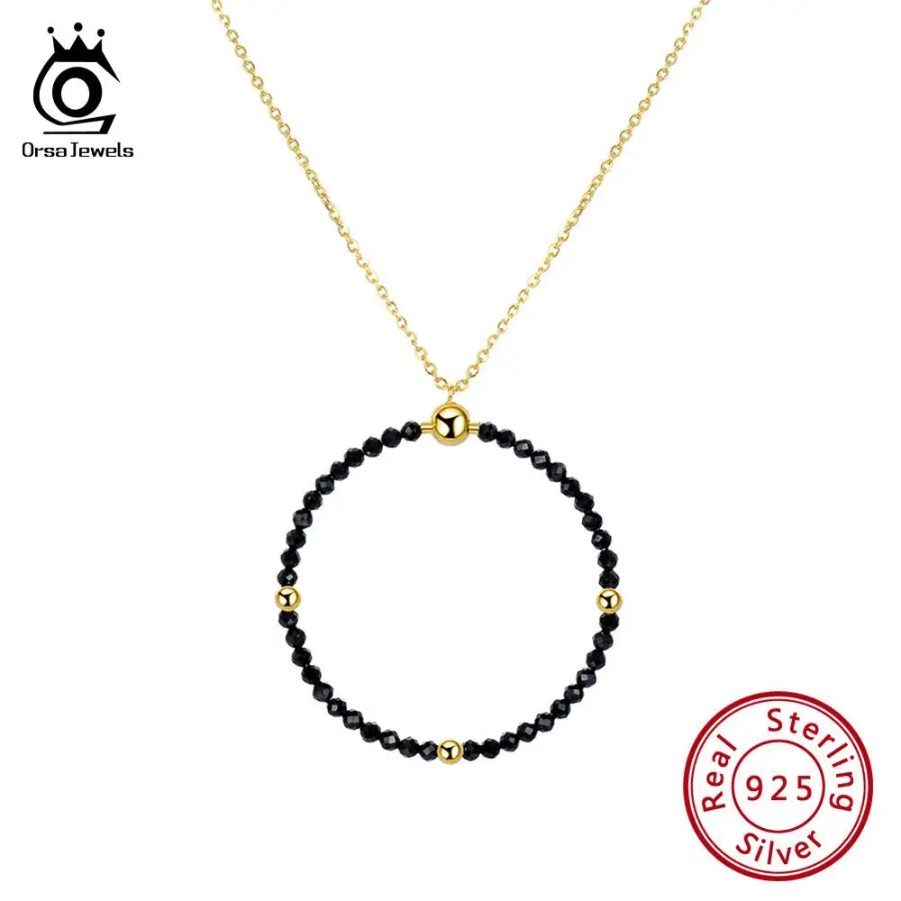 

ORSA JEWELS 100% Real 925 Sterling Silver Women Necklace Black Spinel Pendant 18K Gold Chain Fashion Single Fine Jewelry SN159-B