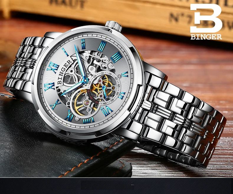 BINGER Топ часы для мужчин люксовый бренд s сапфир часы Скелет турбийон автоматические механические часы reloj hombre