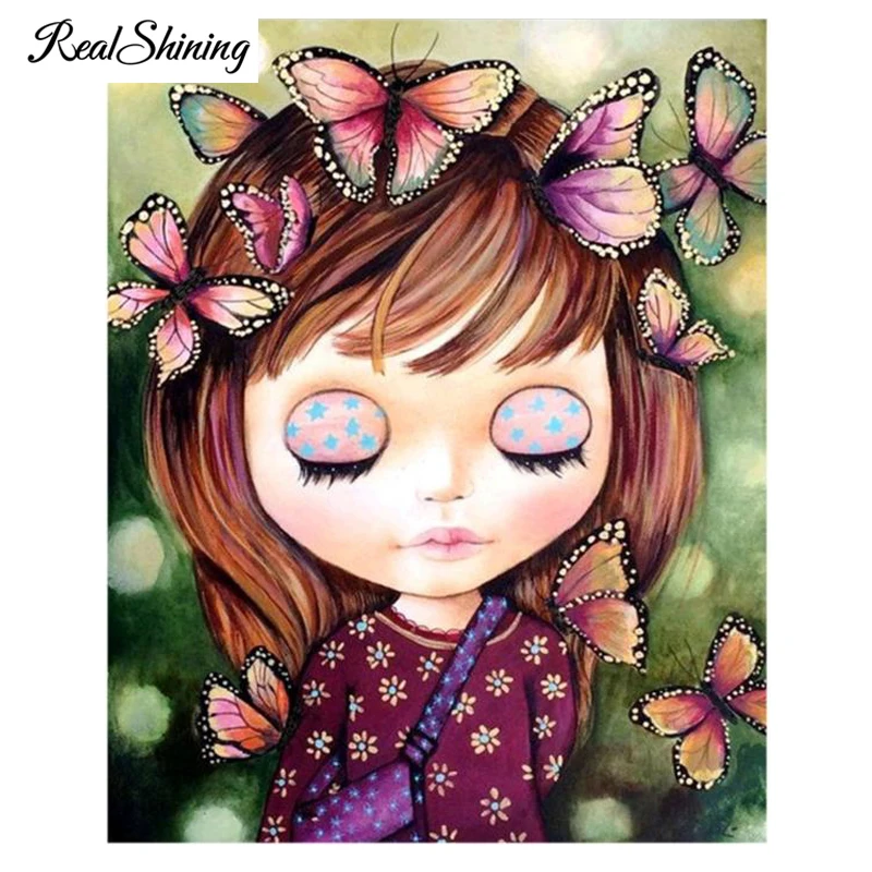 

REALSHINING Full Diy Diamond Embroidery Butterfly Girl 3D Diamond Picture Square Mosaic Rhinestones Diamond Painting FS1833