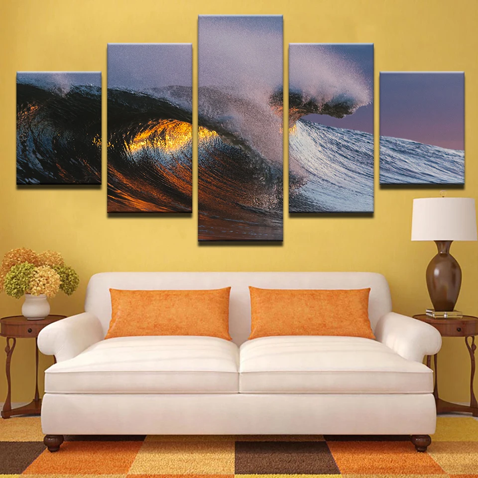 

Canvas HD Prints Paintings Wall Art Home Decor 5 Pieces Sunset Sea Waves Seascape Pictures Modular Living Room Posters Framework