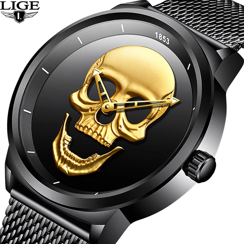 NEW LIGE Men Watch Top Brand Skull Quartz Watches Male Clock Luxury Business Stainless Steel Mesh Belt Watch Relogio Masculino NEW LIGE Men Watch Top Brand Skull Quartz Watches Male Clock Luxury Business Stainless Steel Mesh Belt Watch Relogio Masculino