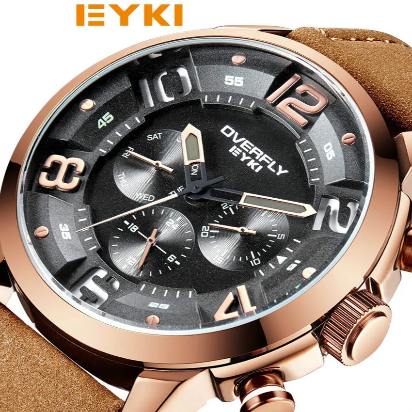 

EYKI Top Brand Men Watches Luxury Leather Sports Quartz Wrist Watch Male Multi-function Black Military Clock Reloj Hombre 2018