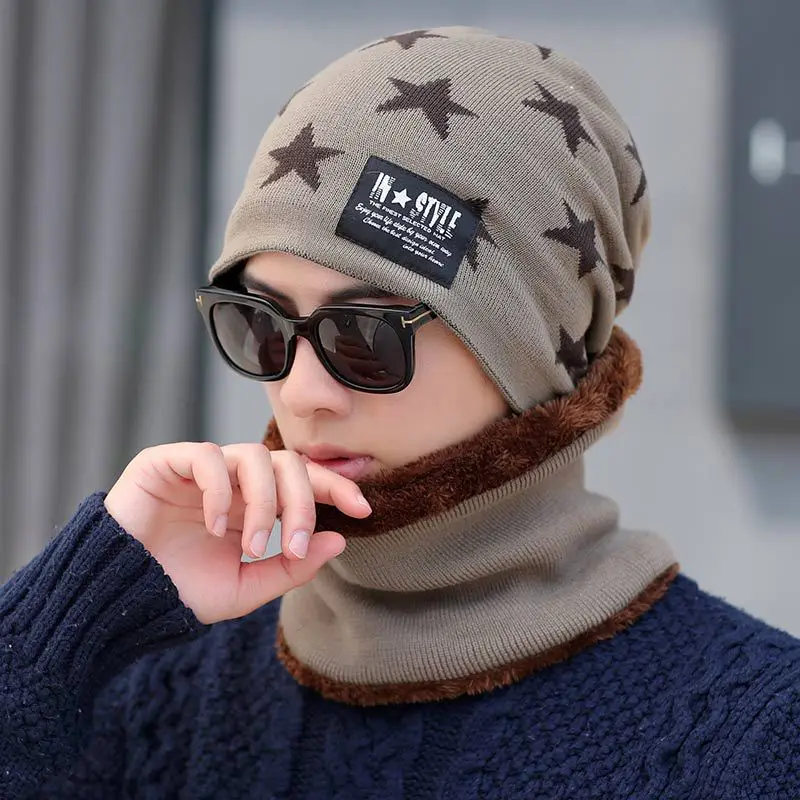 Printed Star Men's Winter hat and Scarf Set Skullies Beains Cotton Thick Winter Warm Hat Ring Scarf Female Hats Men