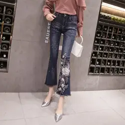 2018 осенние пикантные бусины Цветок Джинсы с вышивкой новые модные женские туфли винтажные женские джинсы тонкий синий эластичные узкие
