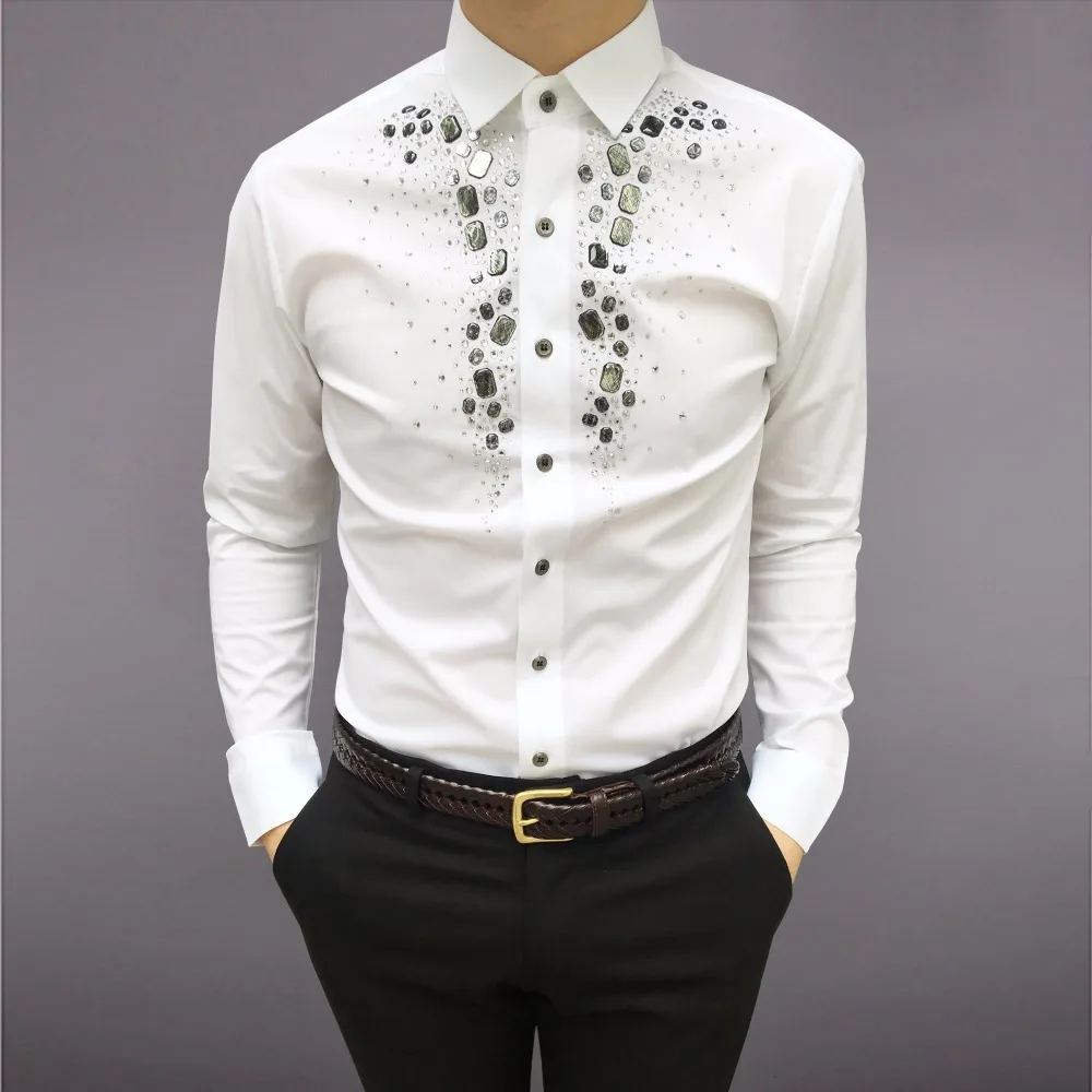 

New Brand Fashion Casual Men Shirts Business Slim Fit Black and White Set Auger Social Shirt Male Singer Stage Mens Shirts