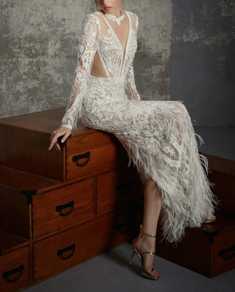 

SSYFashion New Luxury Lace Feathers Evening Dress White Long Sleeves lllusion Appliques Sexy Slim Mermaid Formal Prom Gown