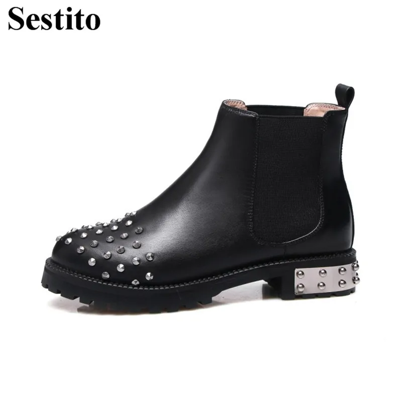 

2018 New Casual Boots Black Rivet Women Shoes Round Toe Ankle Boots For Women Square Heel Slip-on Short Boots Spring/Autumn