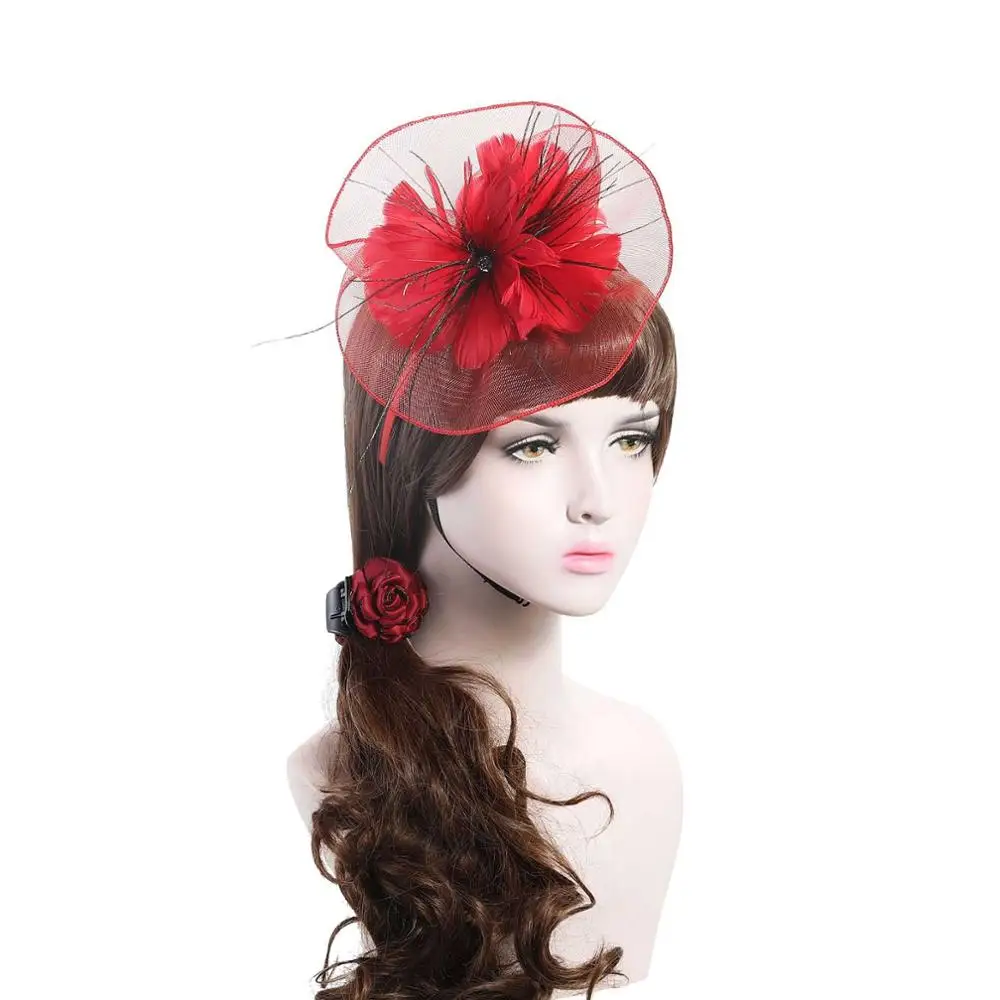 WELROG элегантный головной убор Fedoras платье женские шерстяные войлочные верхние шляпы вечерние сетчатые ленточки для шляп и перьев вуалетки Свадебная вечеринка шляпы - Цвет: Красный