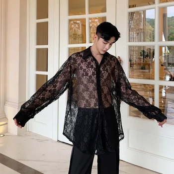 

Men Transparent Organza Embroidery Long Sleeve Loose Casual Shirt Male Women Vintage Streetwear Hip Hop Shirts Stage Costume