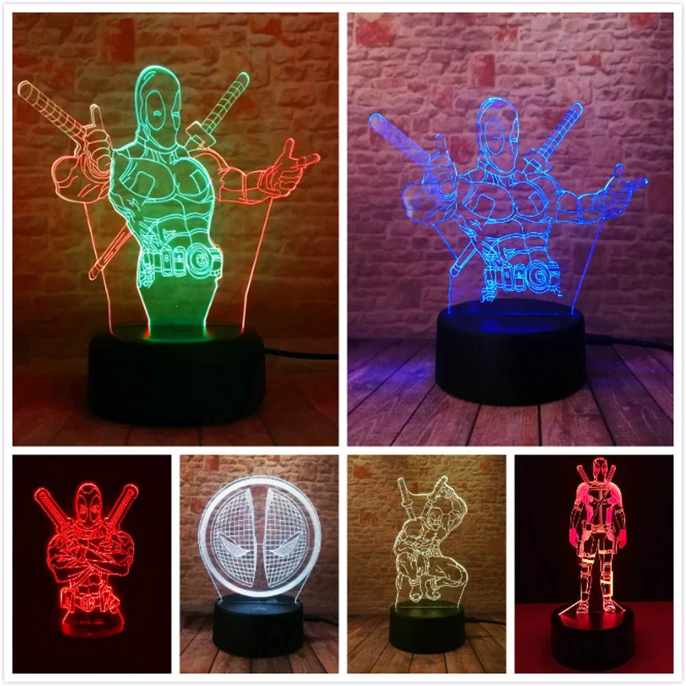 Мстители Дэдпул 3D LED ночник USB 7 цветов украшение иллюзия RGB дом Hould лампа Дети