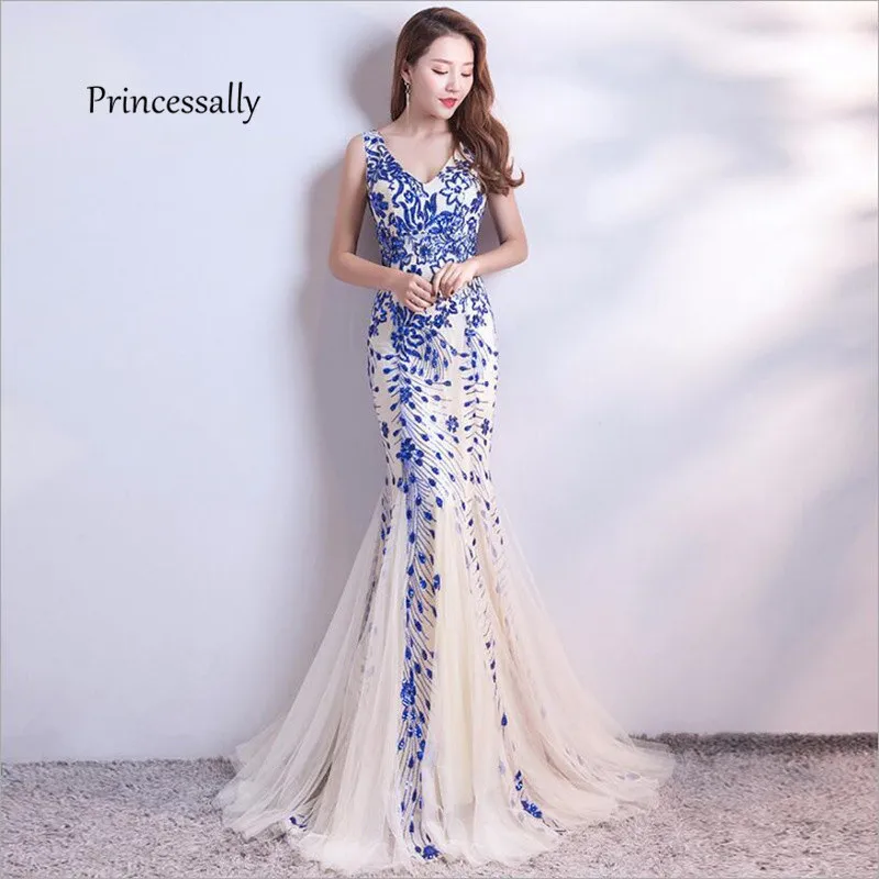 

New Mermaid Evening Formal Dress Women Sequined V neck Elegant Banquet Prom Party Gown Long Sexy Abiti Da Cerimonia Avondjurk