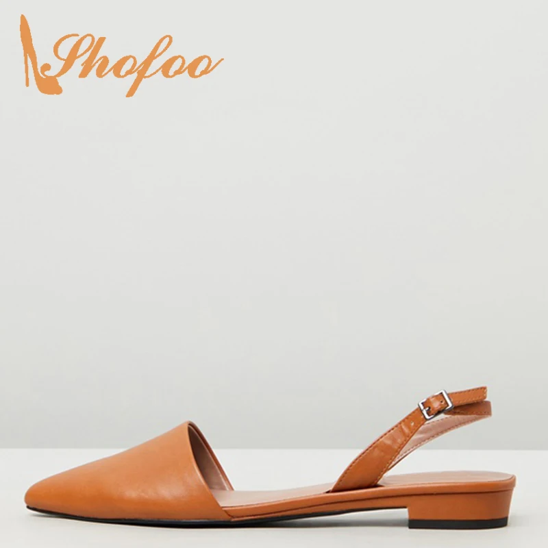 

Summer Brown Slingbacks Pointed Toe Shallow Flat Woman Large Size 11 12 Buckle Strap For Ladies Footwear Fashion Dress Holidays