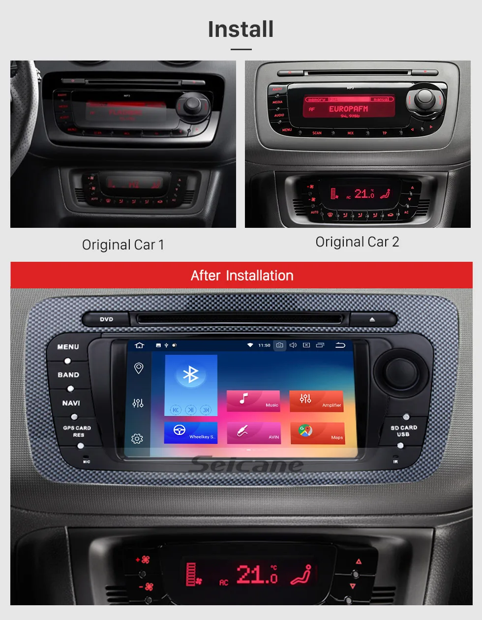 Seicane 2 Din Radio Android 8.0 DVD Player Bluetooth GPS Navigation system for 2009 2010 2011 2012 2013 SEAT IBIZA USB SD IPOD Mirror Link WIFI Stereo Support Steering Wheel Control Rearview Camera DVR
