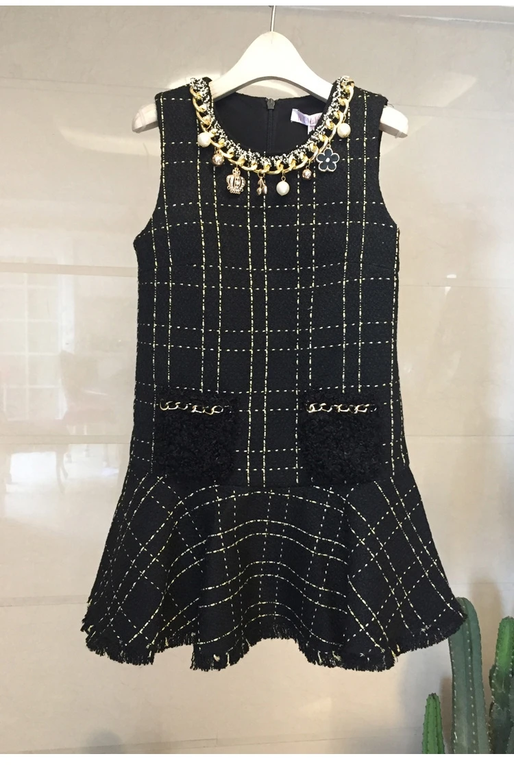 Высококачественное Брендовое Платье женское платье без рукавов с бриллиантами ожерелье осень зима твидовое шерстяное клетчатое черное платье Vestido