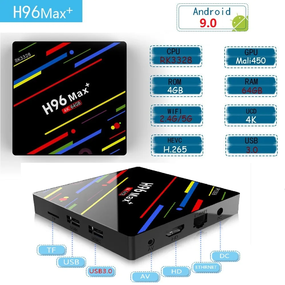 4 GB RAM 64 GB 4 K مربع التلفزيون الذكية الروبوت 9.0 H96 ماكس زائد RK3328 مجموعة أعلى مربع 2.4G/ 5G WIFI H96Max + الروبوت 8.1 مشغل الوسائط