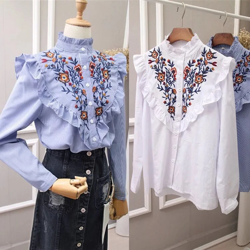 

2019 Female Blouse Embroidery Floral Cute Ruffles Stand Collar Long Sleeve Womens Shirts Fashion Spring Girls Tops OM003