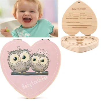 

Heart Shape Fallen Tooth Box Storage English Spanish Text Baby Boy Girl Wood Case Save Milk Teeth Collection Organizer Holder