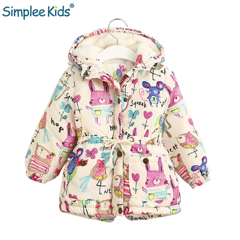 

New Autumn Winter Kids Jackets for Girls Coats Graffiti Parkas Hooded Baby Girls Warm Cartoon Outerwear Children's Clothing
