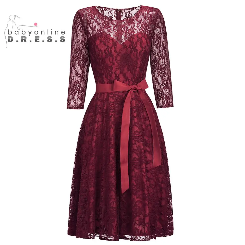 

Full Sleeves Burgundy Short Lace Evening Dresses 2019 A Line Formal Women Dresses With Sash Dress Elegant Rochii Prom Gown