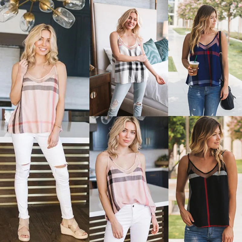 

2019 Summer New Women Plaid Mesh T Shirt Sleeveless O-Neck Street Tops Patchwork Tees Female Chic Hollow Out T-Shirt