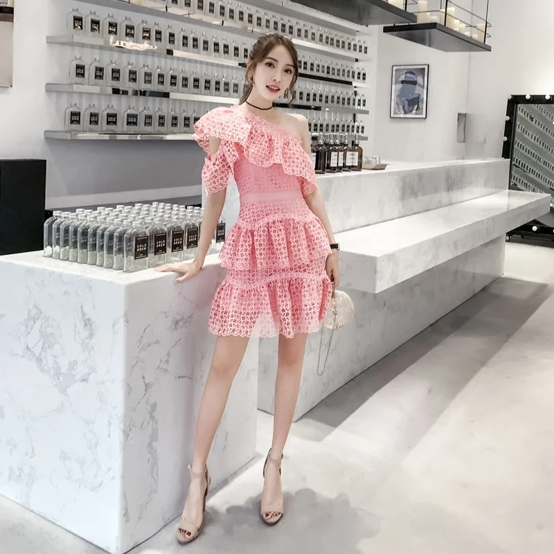 

European Elegant Pink Ruffles Off Shoulder Hollow Out Lace Party Dress Women 2019 Summer High Quality self portrait dress