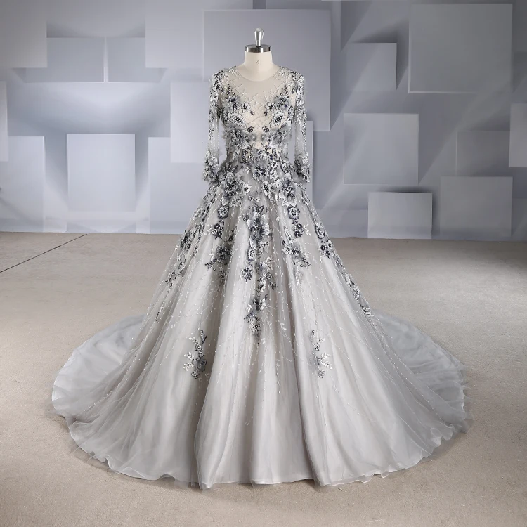 

Rosabridal ball gown Wedding Dress 2019 new Long Sleeves O-neck Black Lace with flower beading Appliques over tulle bridal gown