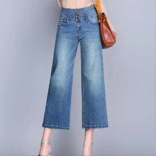 Nonis Для женщин широкие, длиной до щиколотки джинсы Для женщин Высокая Талия отбеленные брюки с эффектом потертостей брюки Для женщин брюки Новинка весны размера плюс 26-33 - Цвет: ink blue