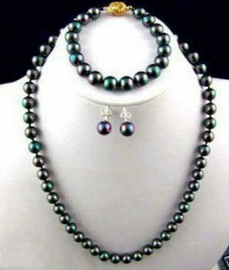 

Free Shipping Jewelry 001337 Fashion Handmade 8mm Black Round Shell Pearl Necklace Bracelet Earring Jewel Set ()