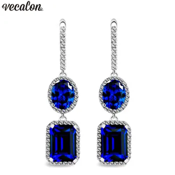 

Vecalon Royal lady Dangle earring Blue AAAAA Zircon Cz White Gold Filled Anniversary wedding Drop Earrings for women Gift