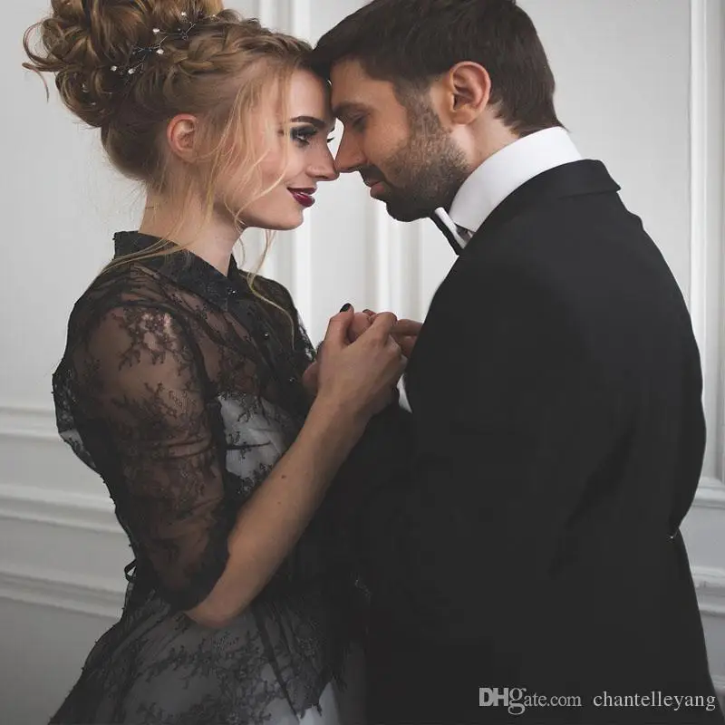 White-and-Black-Wedding-Dresses-Unique-2016-High-Collar-Sleeves-Lace-Bridal-Dress-New-Collection-Small (2)