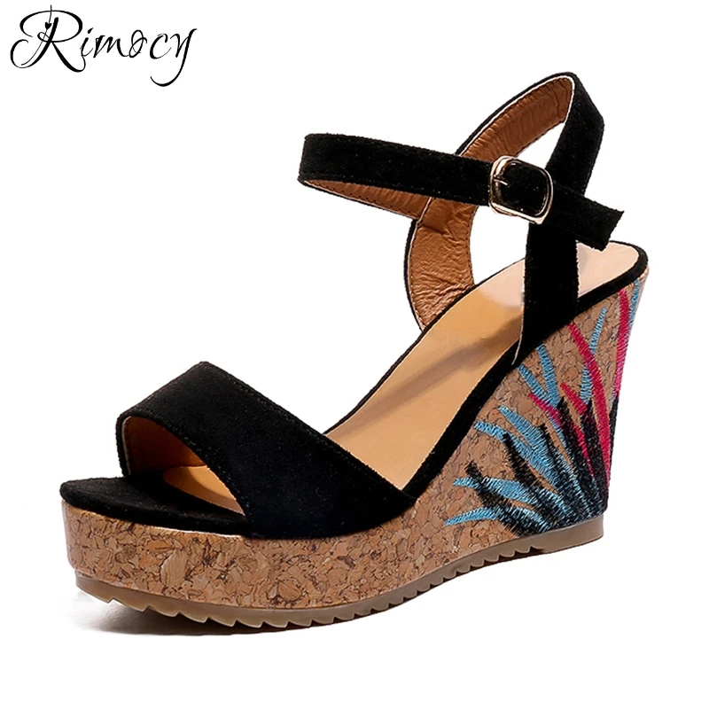 

Rimocy embroidery floral wedges sandals women 2018 fashion super high heels comfortable platform ankle strap summer shoes woman