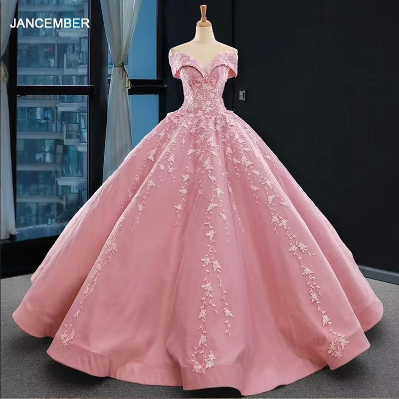 J66590 janceber аппликации розовые милые платья Quinceanera 2020 Бальные с открытыми плечами и