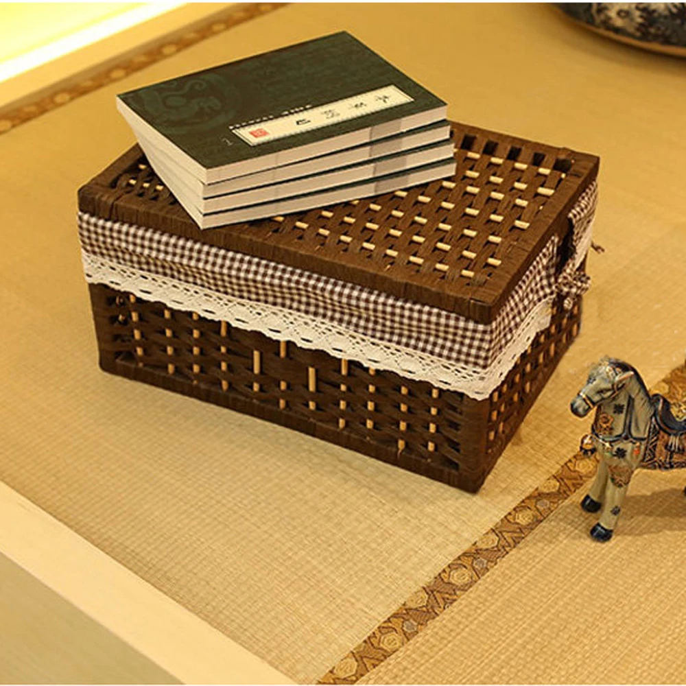 Laundry Storage baskets container Paper rope Cloth Storage Rectangular Basket with lid Decorative Wood Organizer Box Large Small