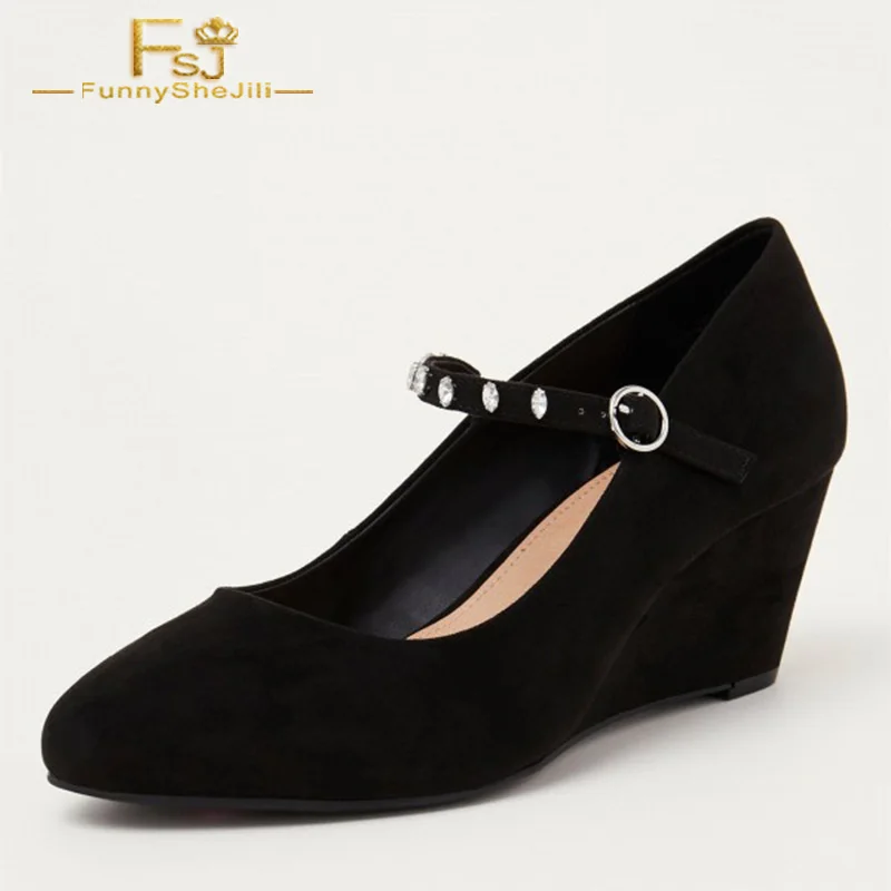 Tacones 12 Zapatos Del Ronda Cuña Más 2018 Rhinestone De Jane Pie Fsj01 13 Tamaño Primavera Bombas Suede Damas Dedo Mary 11 Mujeres Autumnblack PqwRnFFd