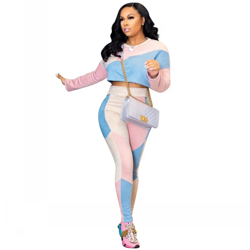 

2019 Spring Geometric Patchwork Two Pieces Sets Autumn Women Long Sleeve Crop Tops+Bodycon Pants Color Block 2 Pcs Sweat Suit