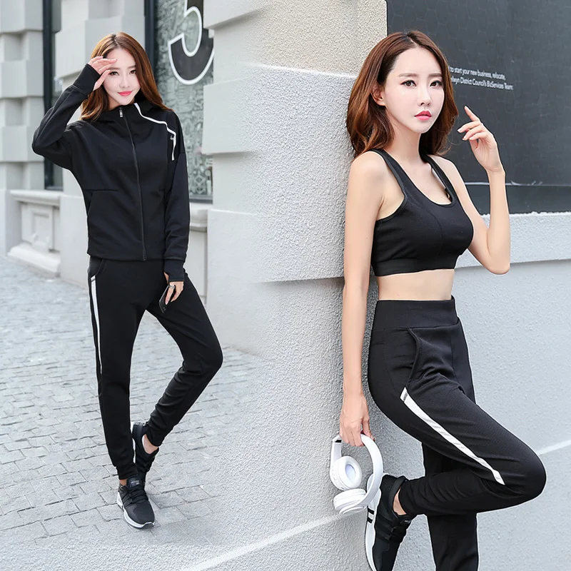 

New Top Quality Plus size Fitness Women 3 Pieces Yoga Set Solid Bra & Pants &Hoodies Gym Clothes Sport Wear Running Outdoor Jog