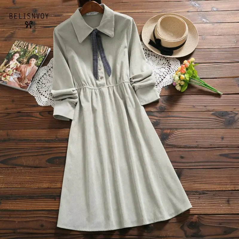 

Mori Girl Spring Autumn Women Elegant Dress Bowknot Vintage Korean Vestidos De Festa Long Sleeve Corduroy Midi Kawaii Dress