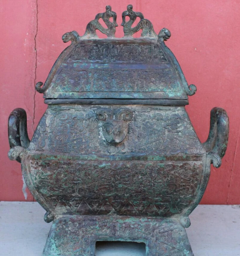 

USPS to USA S1852 15" Old Tibet Bronze Dynasty Sheep Dragon Head Statue Box Incense Burner Censer B0401