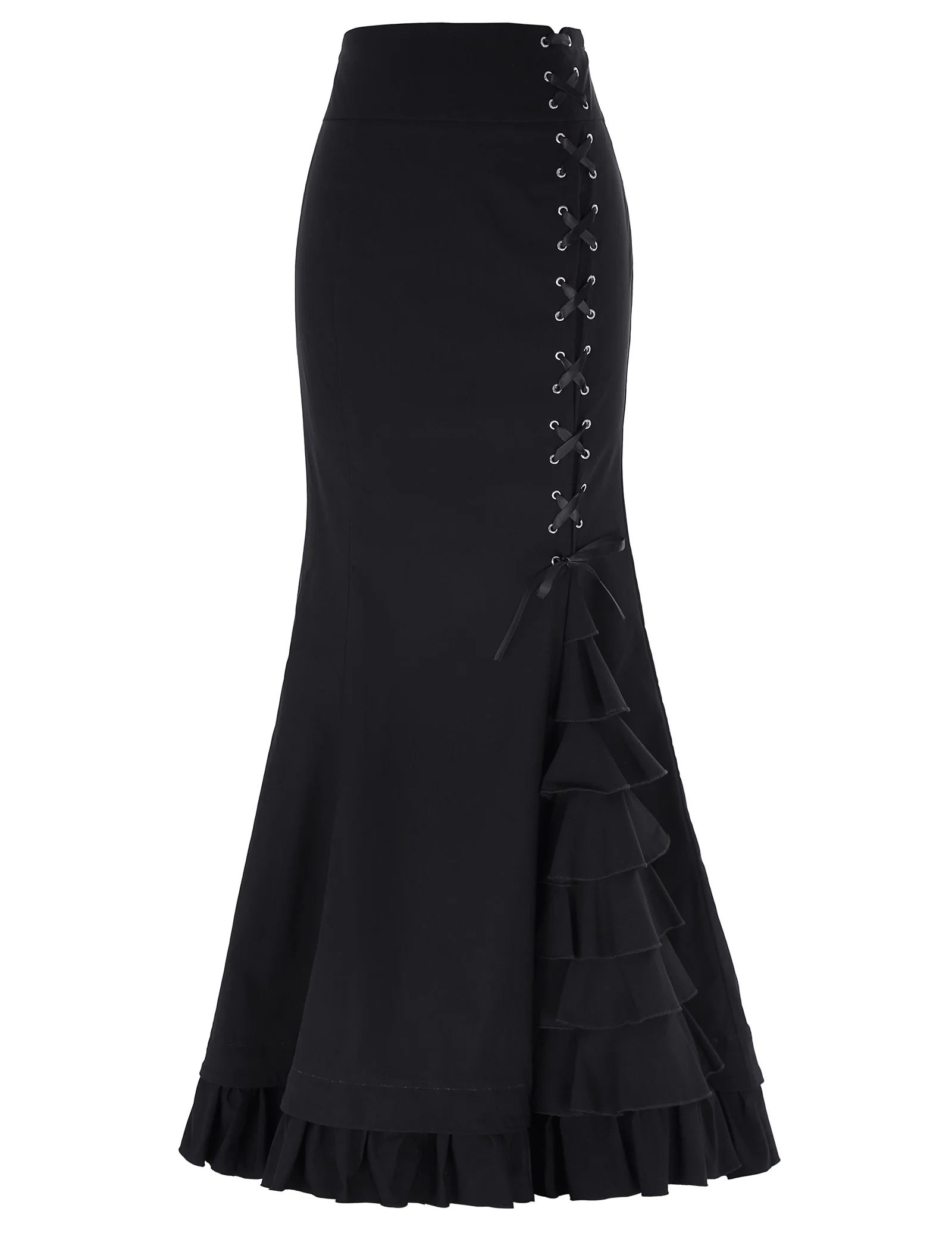 Женские винтажные юбки, Осень-зима, Готический викторианский стиль, высокая растягивающаяся Корсетная стильная кружевная гофрированная рыбий хвост, длинная юбка русалки - Цвет: Black