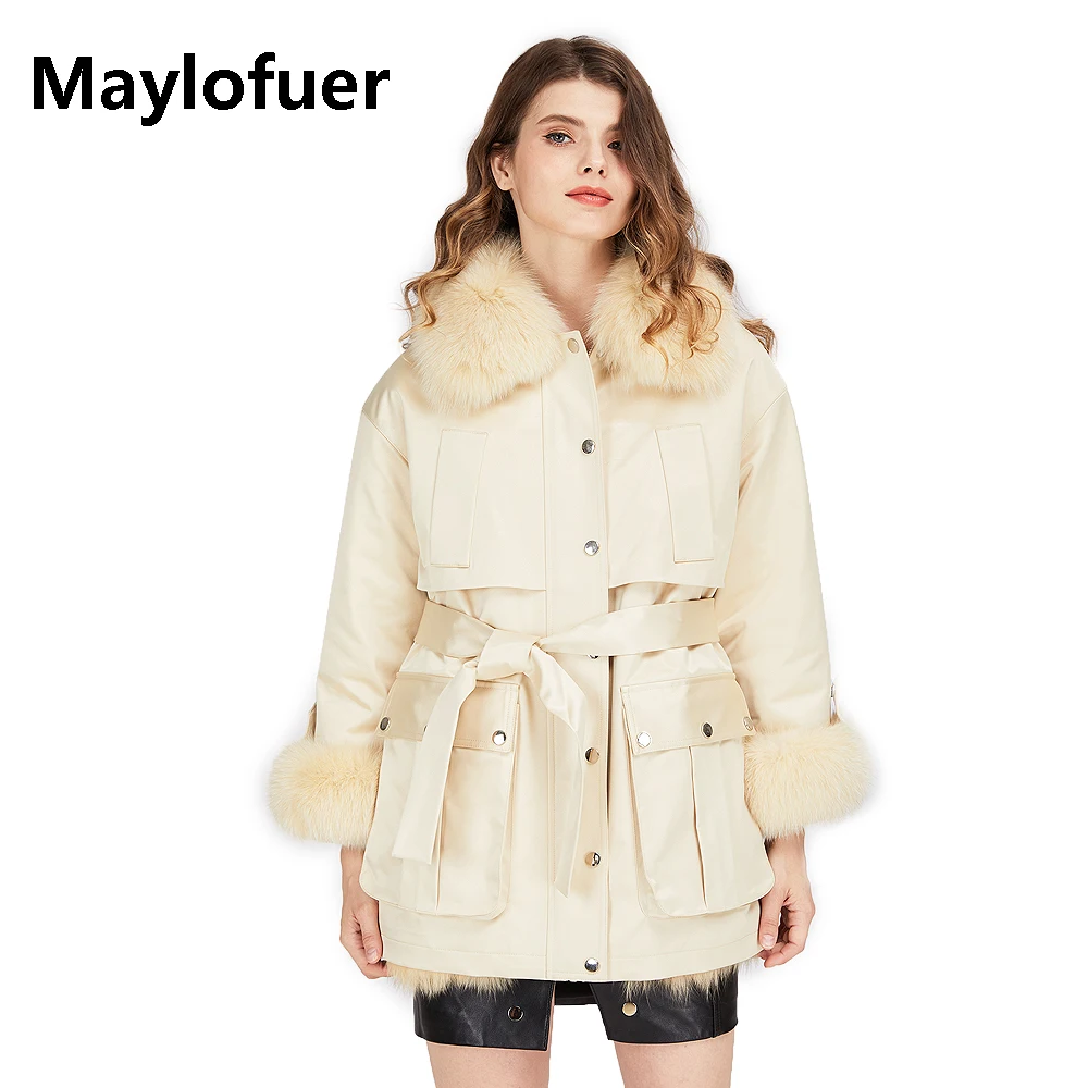 Maylofuer Hooded Real Fox Fur Liner Parka Natural Big Fox Fur Collar Coat Women Fur Coat with