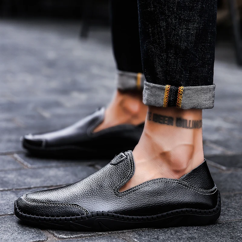 2018 Cuero Conducción Los Zapatos Negro Tamaño blanco azul Casuales Primera Guisantes De Verano Perezosos marrón Gran Hombres Tendencia Capa 7Frx7SO