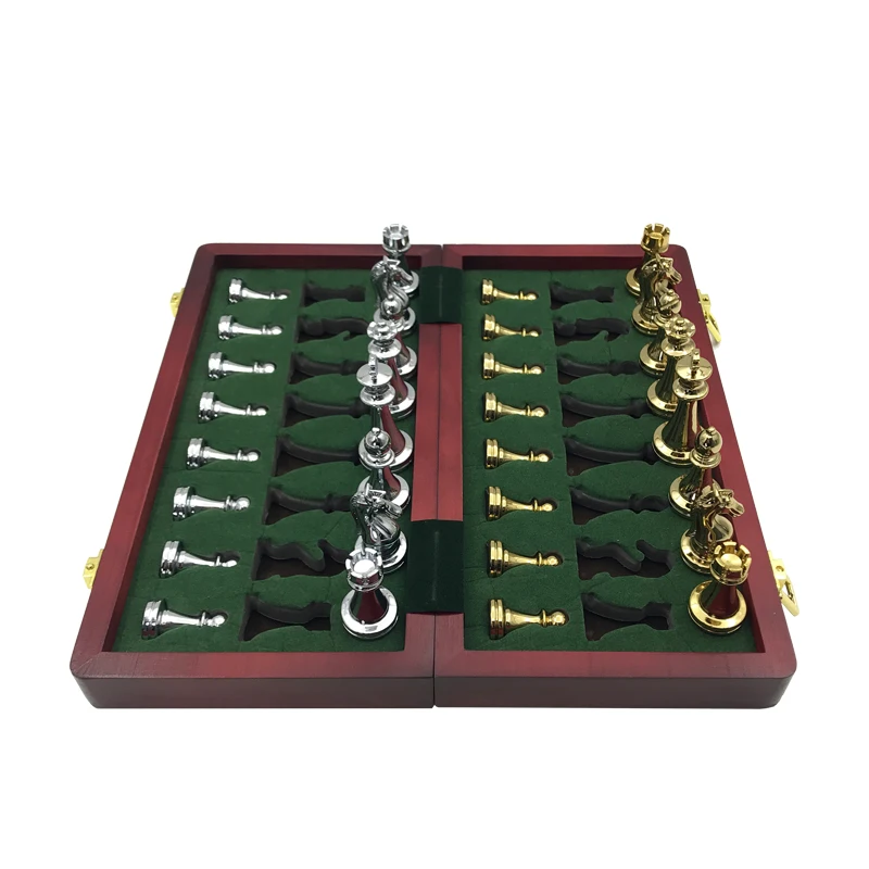 Easytoday Metal Glossy Golden And Silver Chess Pieces Solid Wooden Folding Chess Board High Grade Professional Games Set