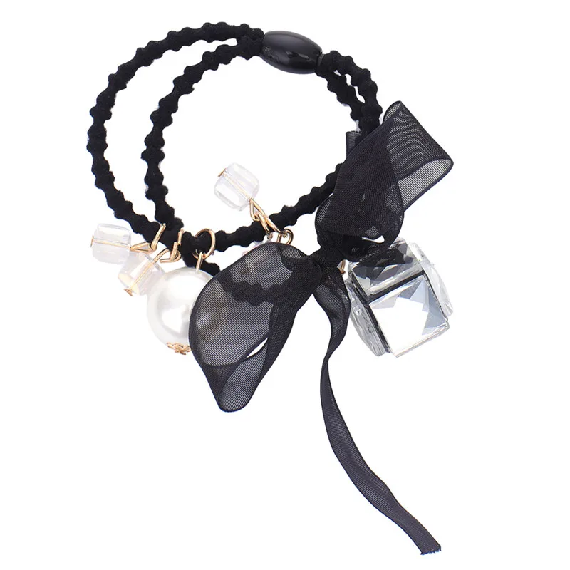 Newest Chiffon pearl rubber black Hair Band Elastic Rope Rubbers Women