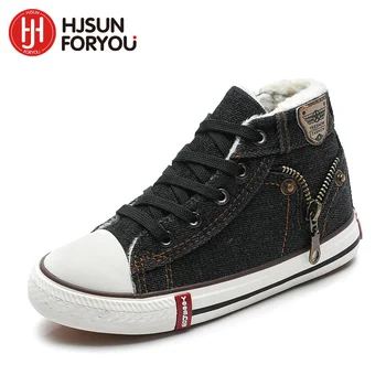 

New Arrival Winter Children Boots Plus Velvet Kids Canvas Sneakers Boys Cowboy Flats Girls Boots Warm Canvas Side Zipper Shoes