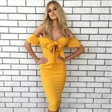 Off Shoulder Flare Sleeve Bow Tie Front Bustier Bodycon Dress Strapless Pencil Women Midi Dresses Yellow New 2018 yellow bow tie front strapless zip back design midi dress