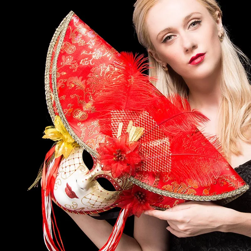 Венецианская маска дама с плюмом для костюма, вечерние, маскарадные, карнавальные, дионизированные, на Хэллоуин, Рождество, Классическая Italia маска на все лицо, ПВХ - Цвет: Red