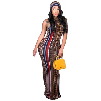 

Women's Boho Dress 2018 Autumn Striped Sexy Sheath Maxi Dress with Scarf Sleeveless Party Dresses Vestidos