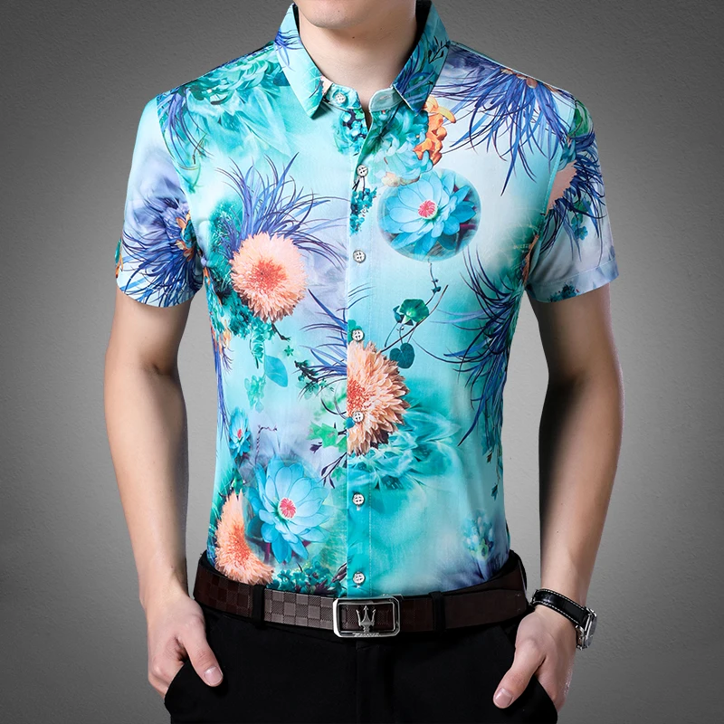 Мужские летние рубашки с цветочным принтом 2018 Новое поступление мужской моды с цветочным принтом Одежда коротким рукавом рубашки