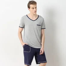 Модные мужские пижамы эластичность Короткий рукав v-образным вырезом пижамы человек простой чистый цвет мужской пижамы